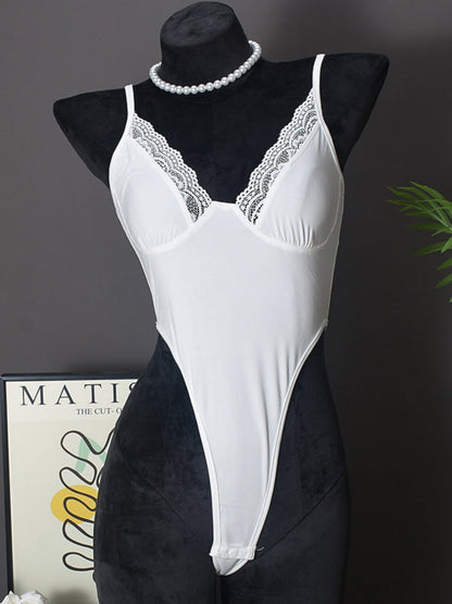 Lace Trim High Elasticity In Crotch Hollow-out High Waist Bodysuits