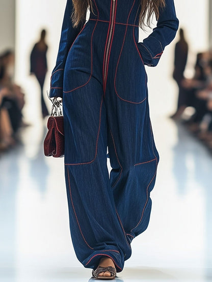 Slim-fit V-neck Casual Denim Jumpsuit With Large Pockets