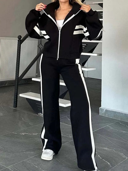 Stripes Zipper Top Wide-leg Pants Leisure Sports 2-piece Sets