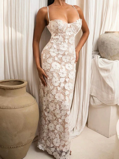 Lace See-through Strappy Slit Maxi Dresses