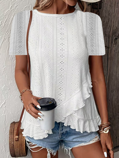 Jacquard Hollow Out Ruffle Crew Neck Short Sleeve T-shirts