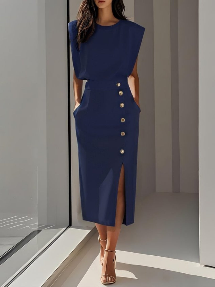 Crew Neck Sleeveless Buttons Slit Midi Dresses