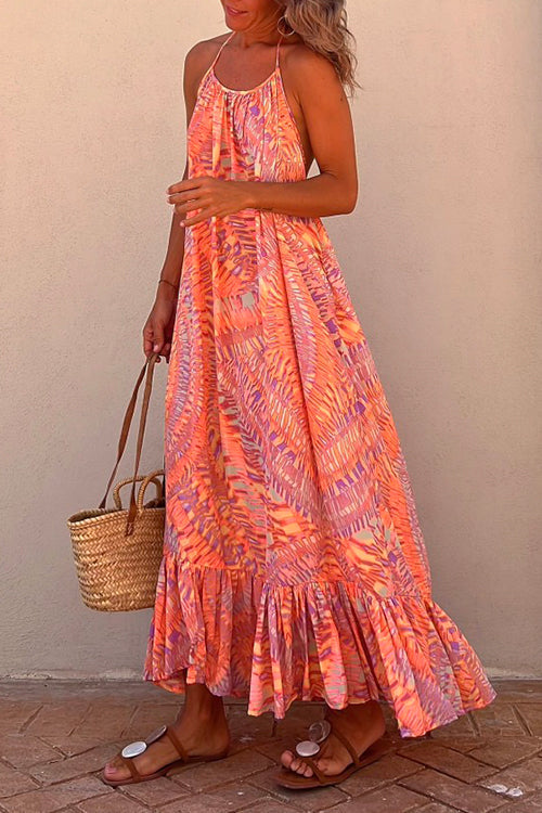 Margovil Halter Backless Printed Maxi Ruffle Swing Dress