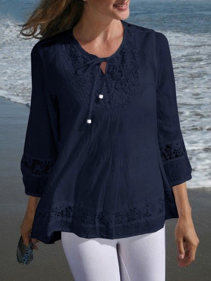 Tie-up Cotton And Linen Patchwork Lace Three-quarter Sleeve T-shirt