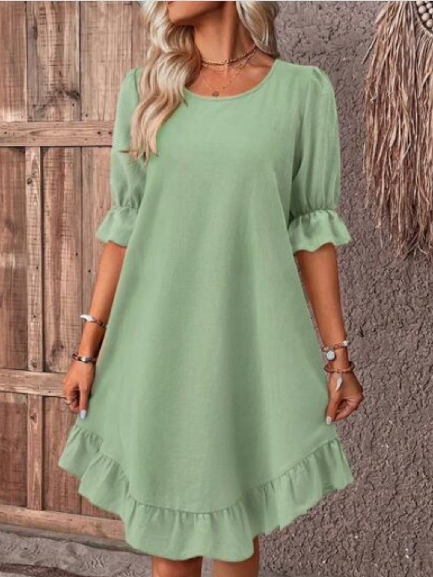 Ruffle Puff Sleeve Round Neck And Full Skirt Mini&Short Dresses