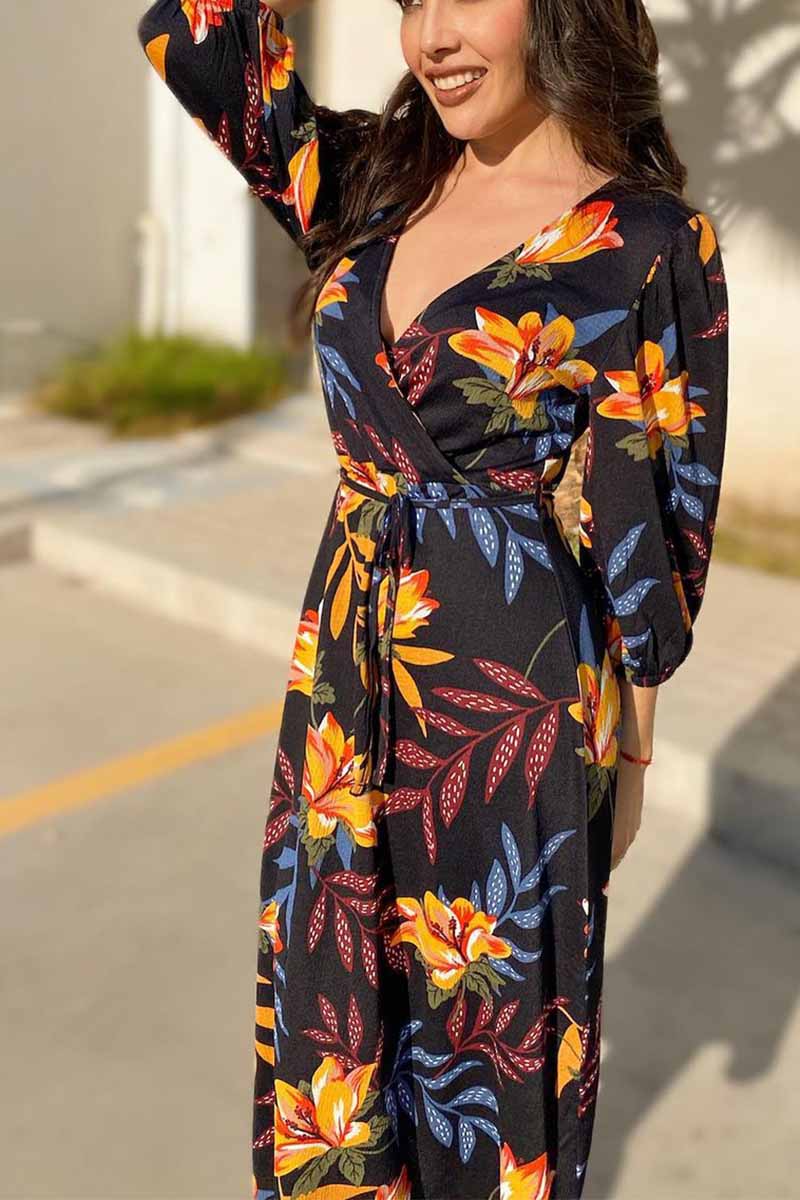 Floral Print Wrap Tie Waist Three Quarter Puff Sleeve Midi Dress
