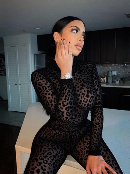 Leopard Print Flocked Sheer Slimming Effect Jumpsuits