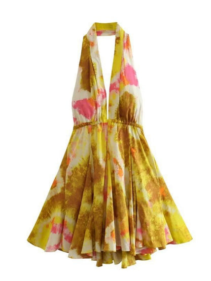 Printed V-neck Halter Neck Backless Maxi Dresses