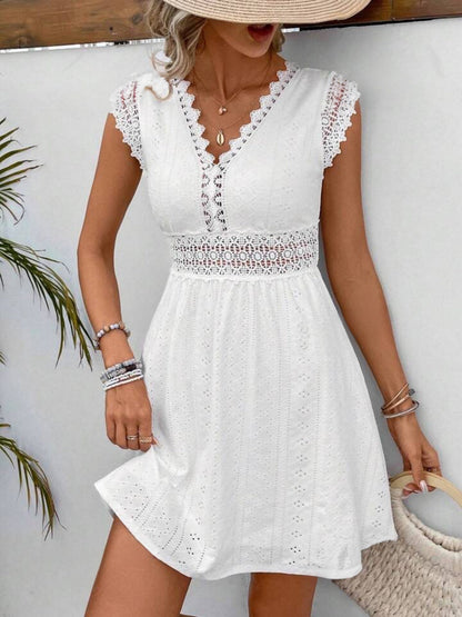 Lace Trim Openwork Jacquard V-neck, Fitted Waist Mini&Short Dresses