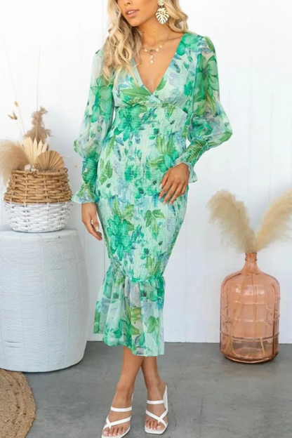 Floral Print Deep V-Neck Balloon Sleeve Smocked Trumpet Hem Midi Dress
