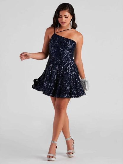 Sequins One Shoulder Sleeveless Formal Dress Parties Mini&Short Dresses