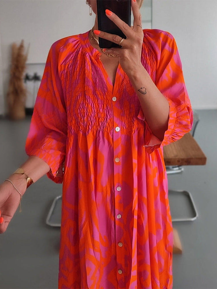 Abstract Print Smocked Bodice Button-Front Three-Quarter Sleeve Midi Shirt Dress