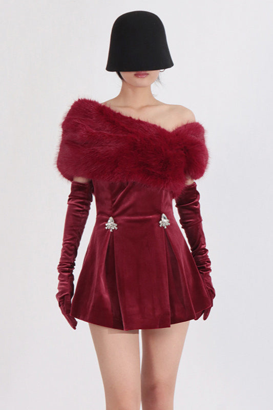 Velvet Strapless Crystal Brooch Peplum Faux Fur Wrap Mini Dress
