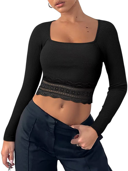 Solid Color Lace Hem Square Neck Crop Long Sleeve Knit