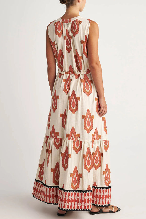 Unique Printed Round Neck Tie Sleeveless Holiday Maxi Dress