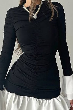 Crew Neck Ruched Long Sleeve Contrast Tiered Ruffle Hem Mini Dress