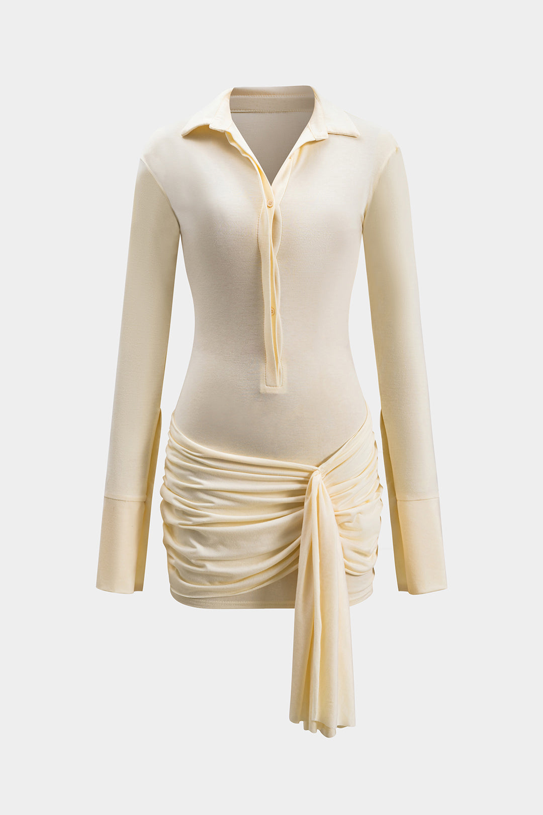 Collared Button Front Long Sleeve Ruched Waist Knot Draped Panel Shirt Mini Dress