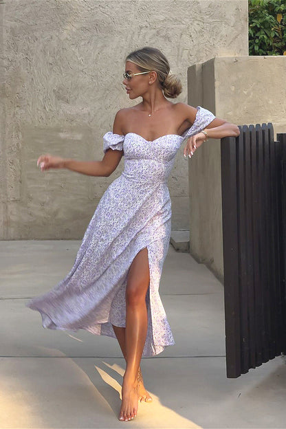 Off Shoulder Slim Split Long Floral Dress