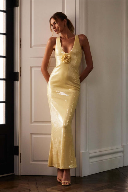 Backless Floral Sequin Maxi Dress