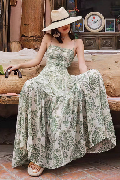 Damask Floral Print Spaghetti Strap Ruched Bust Maxi Dress