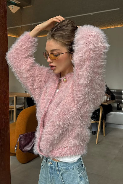 Solid Color Button-Up Faux Fur Knit Sweater