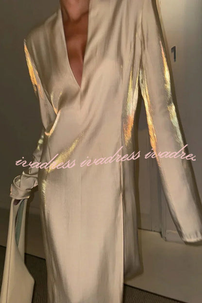 Solid Color Glossy V-neck Long Sleeve Casual Slit Maxi Dress