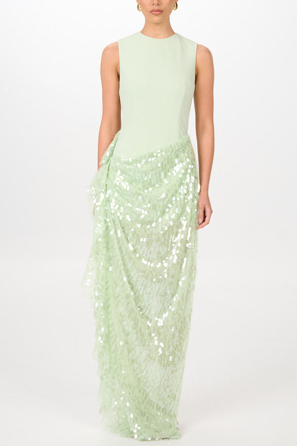 Unspoken Glamour Crepe and Fish Scale Sequins Ruffle Ruched Drape Maxi Dress