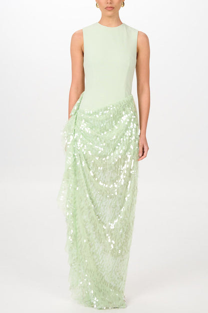 Unspoken Glamour Crepe and Fish Scale Sequins Ruffle Ruched Drape Maxi Dress
