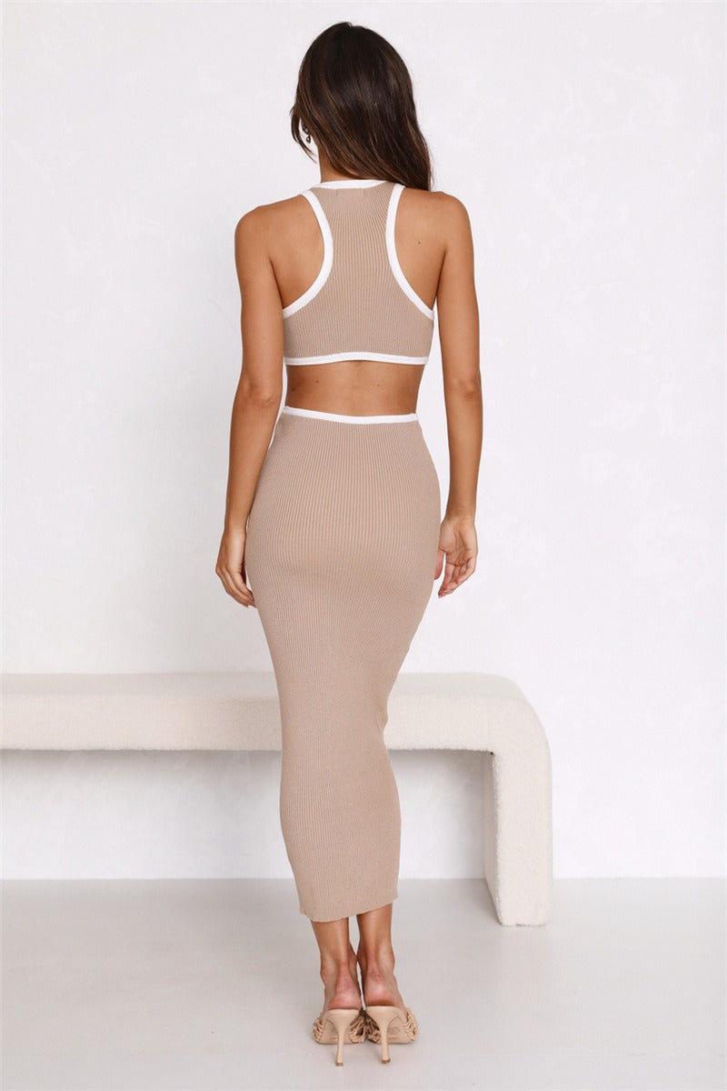 Rib Knit Crew Neck Contrast Trim Waist Cut Out Column Midi Dress