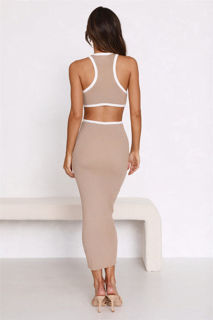Rib Knit Crew Neck Contrast Trim Waist Cut Out Column Midi Dress