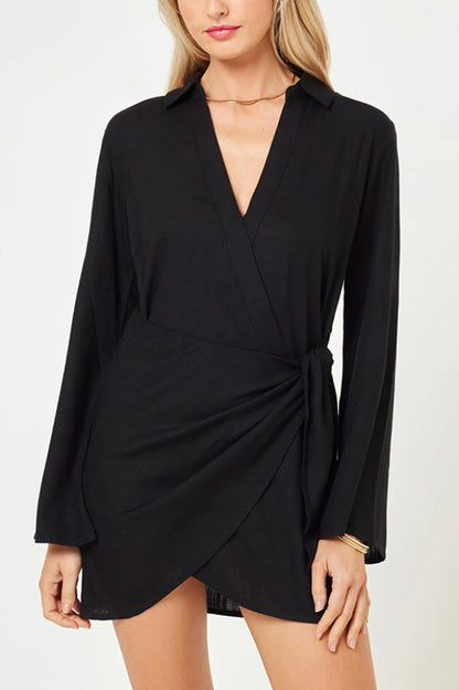 Solid Color Casual Long-sleeved V-neck Tie Waist Mini Dress