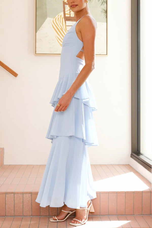Solid Color V-neck Sleeveless Elegant Layered Maxi Dress