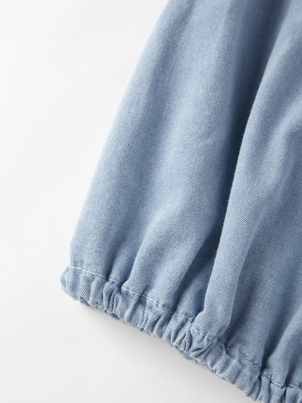 Vintage Dual Pocket Drawstring Denim Blouses&Shirts