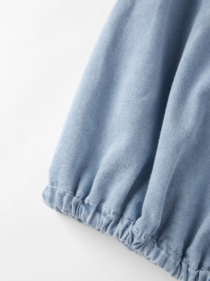 Vintage Dual Pocket Drawstring Denim Blouses&Shirts