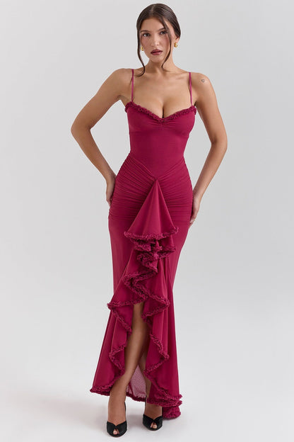 Sweetheart Spaghetti Strap Ruched Mesh Ruffle Trim Wrap High Slit Maxi Dress