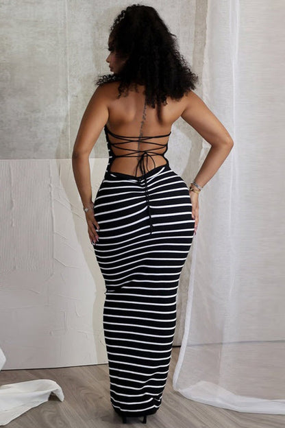 | Striped Backless Tie-Back Halter Maxi Dress