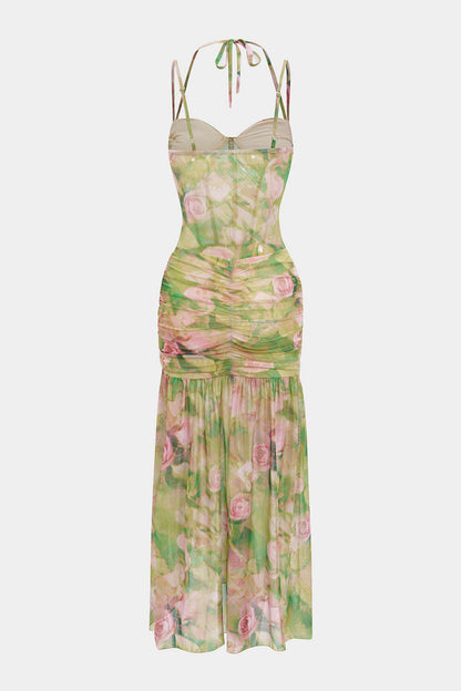 Floral Print Tie-Up Slip Split Sleeveless Midi Dress