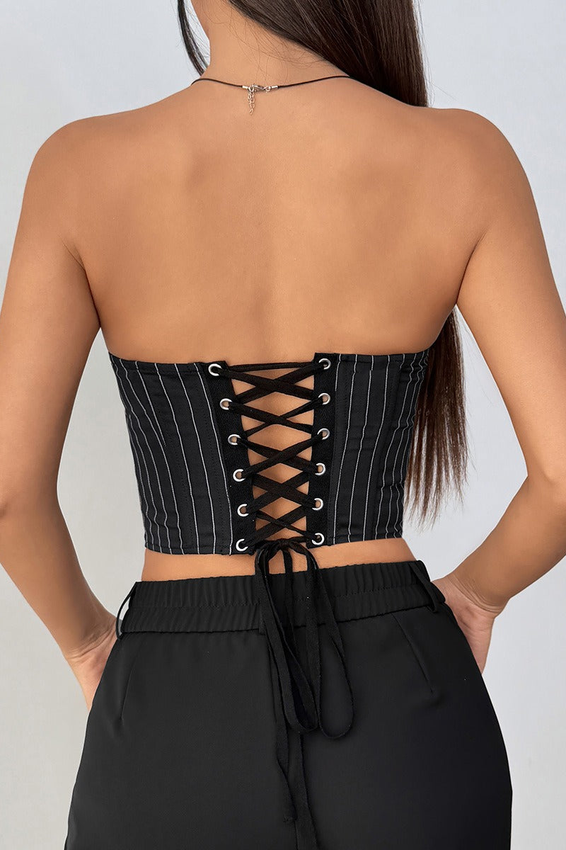 Tie Corset Woven Stripe Chic Crop Top