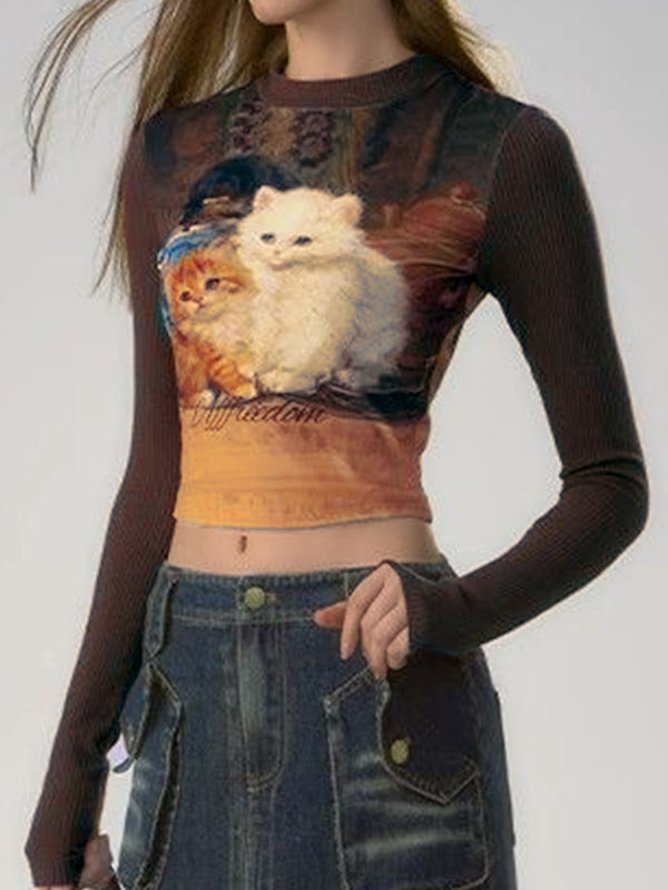 Kitten Print Splice Slim Long Sleeve Knit
