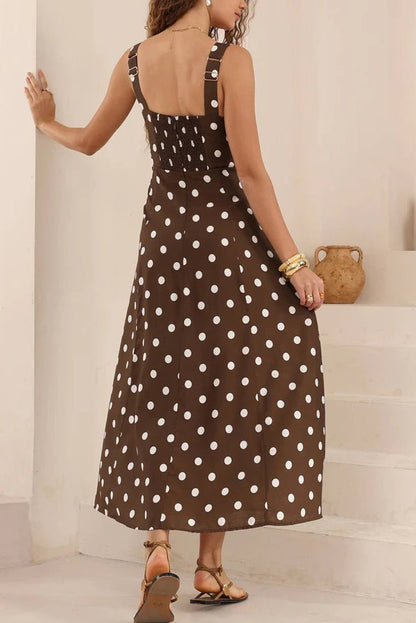 Polka Dot Print Back Pleated Casual Pocket Holiday Maxi Dress