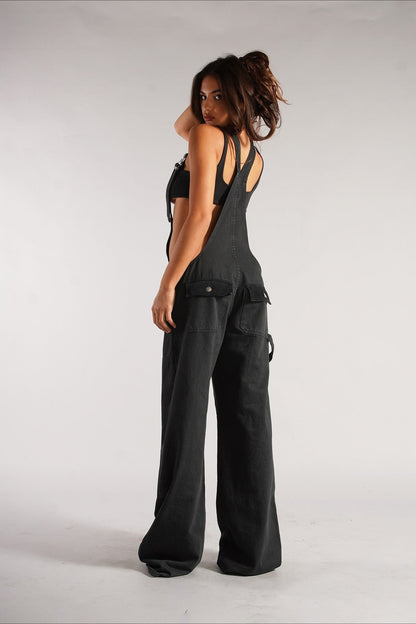 Street Style Low-Rise Suspender Wide-Leg Jeans