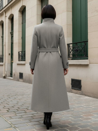 Belted Woolen Stand-Collar Long Winter Coat With Functional Pockets For Women 2026