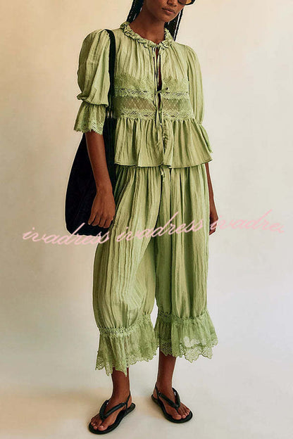 Pastoral Style Elastic Waist Lace Hem Bloomer Pants
