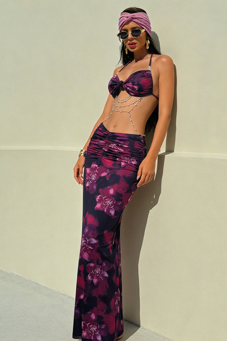 Bow Front Halter Abstract Marble Print Ruched V-Waist Maxi Skirt Two Piece Set