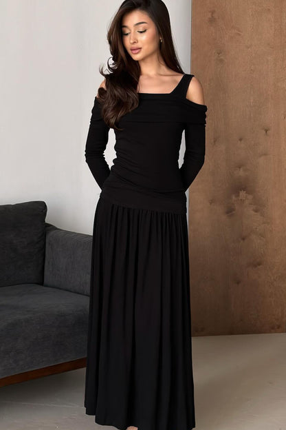 One Shoulder Draped Collar Long Sleeve Ruched Waist Maxi Dress