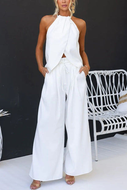 Gette Linen Blend Slit Front Top and High Rise Knoted Pocket Wide Leg Pants Set