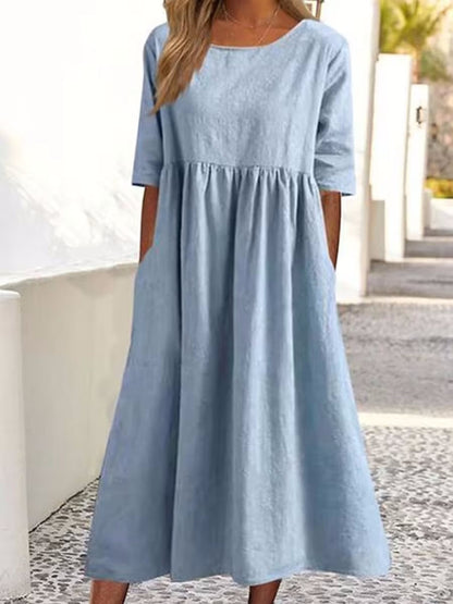 Linen Look Crew Neck Three Quarter Sleeve Pocket Empire Waist Midi Dress