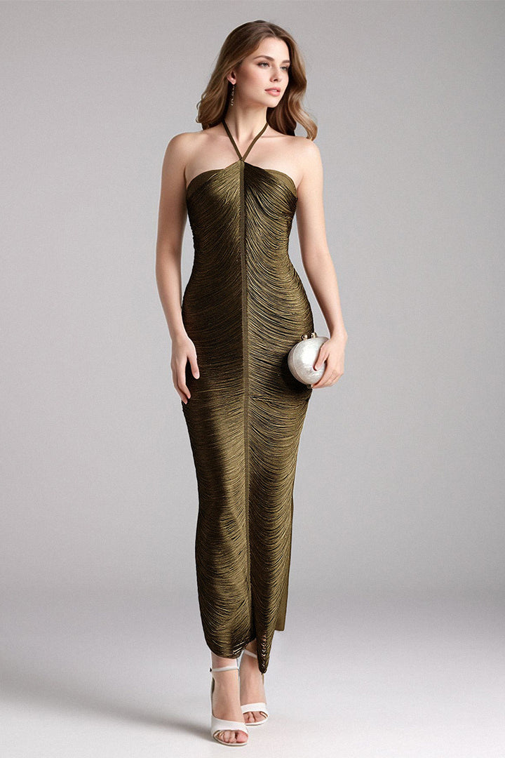 Metallic Fringe Halter Chevron Panel Bodycon Maxi Gown