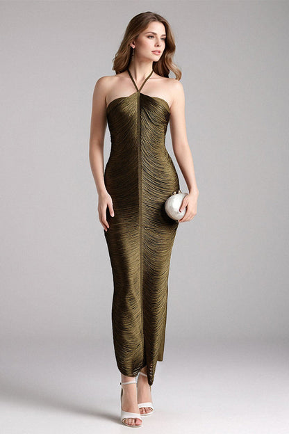 Metallic Fringe Halter Chevron Panel Bodycon Maxi Gown