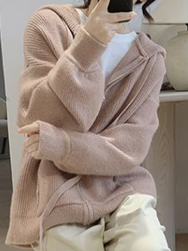 Solid Hooded Zip Up Knit Cardigan